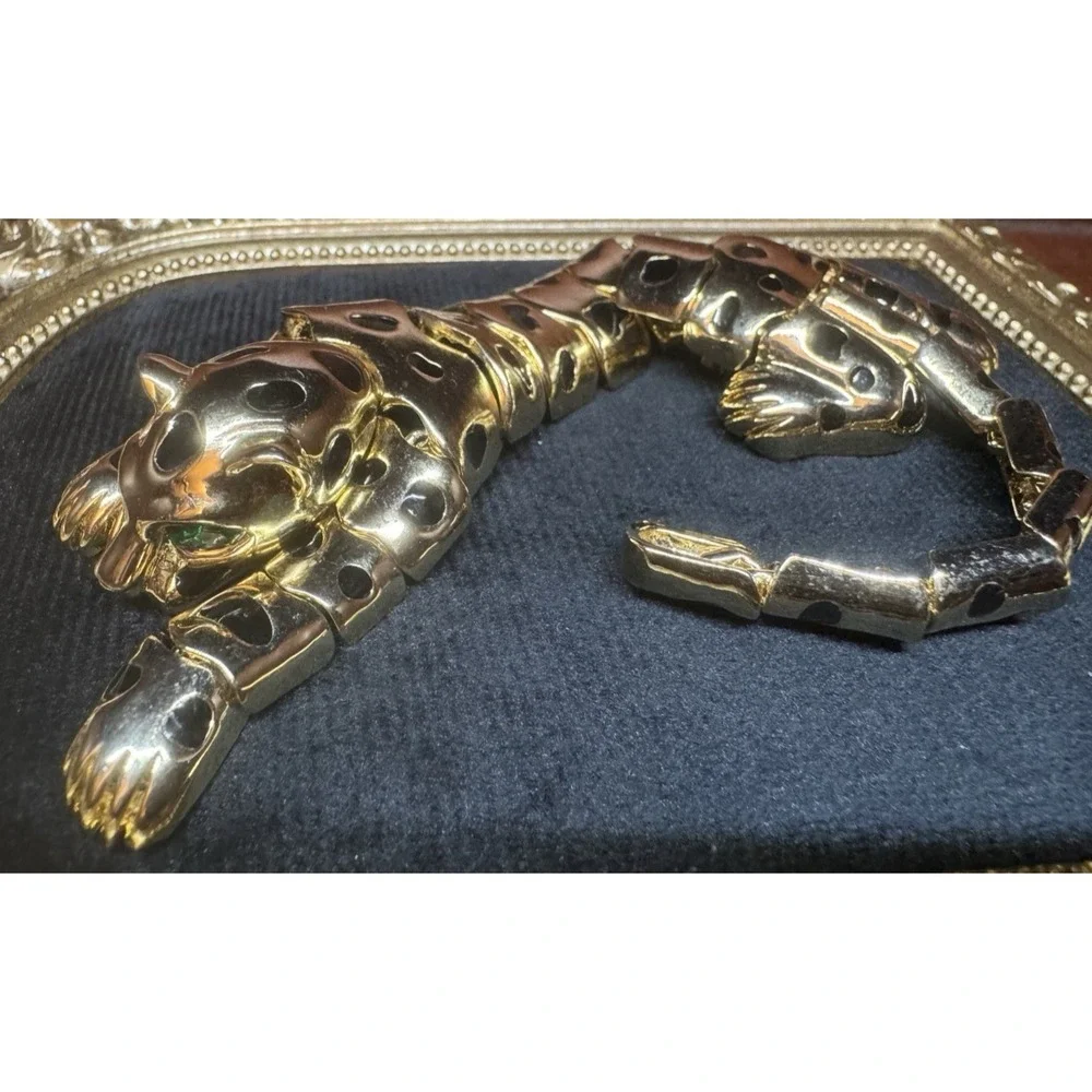 Vintage Articulated Panther Leopard Brooch Gold Tone Green Eyes Statement Jewelr